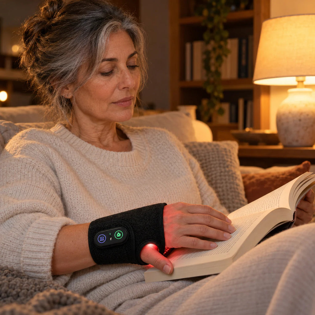 Donna sul divano che legge un libro con la polsiera Nirvia Wrap accesa sul polso