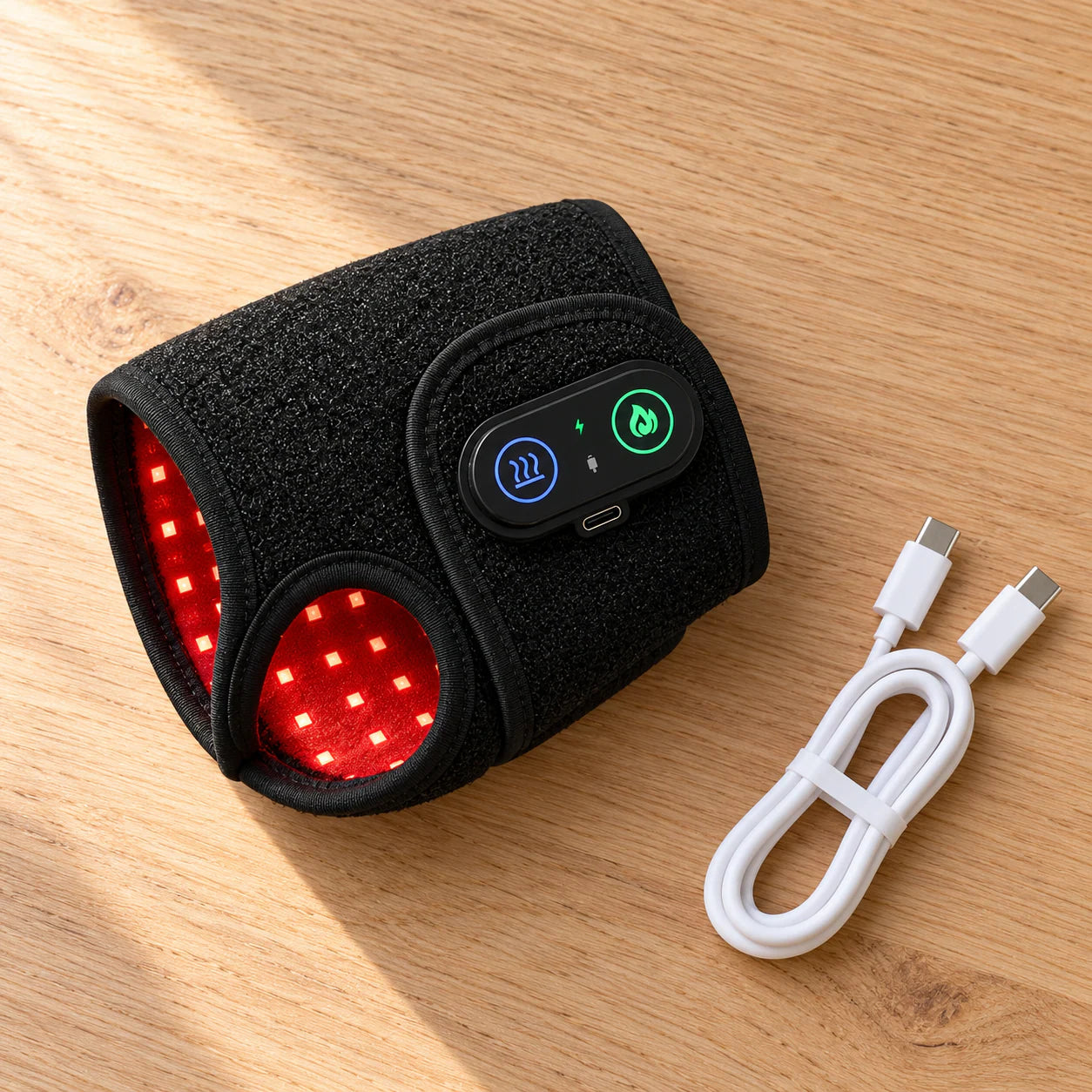 dall'alto: fascia e cavo USB-C su legno chiaro